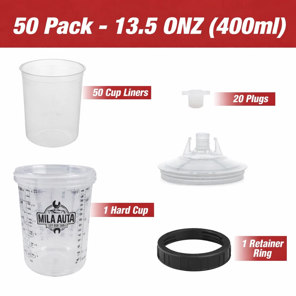 (50 Pack) Disposable Spray Gun Cup System Liners Lids 13.5oz(400ml), 20oz(600ml)& 27oz (800ml)