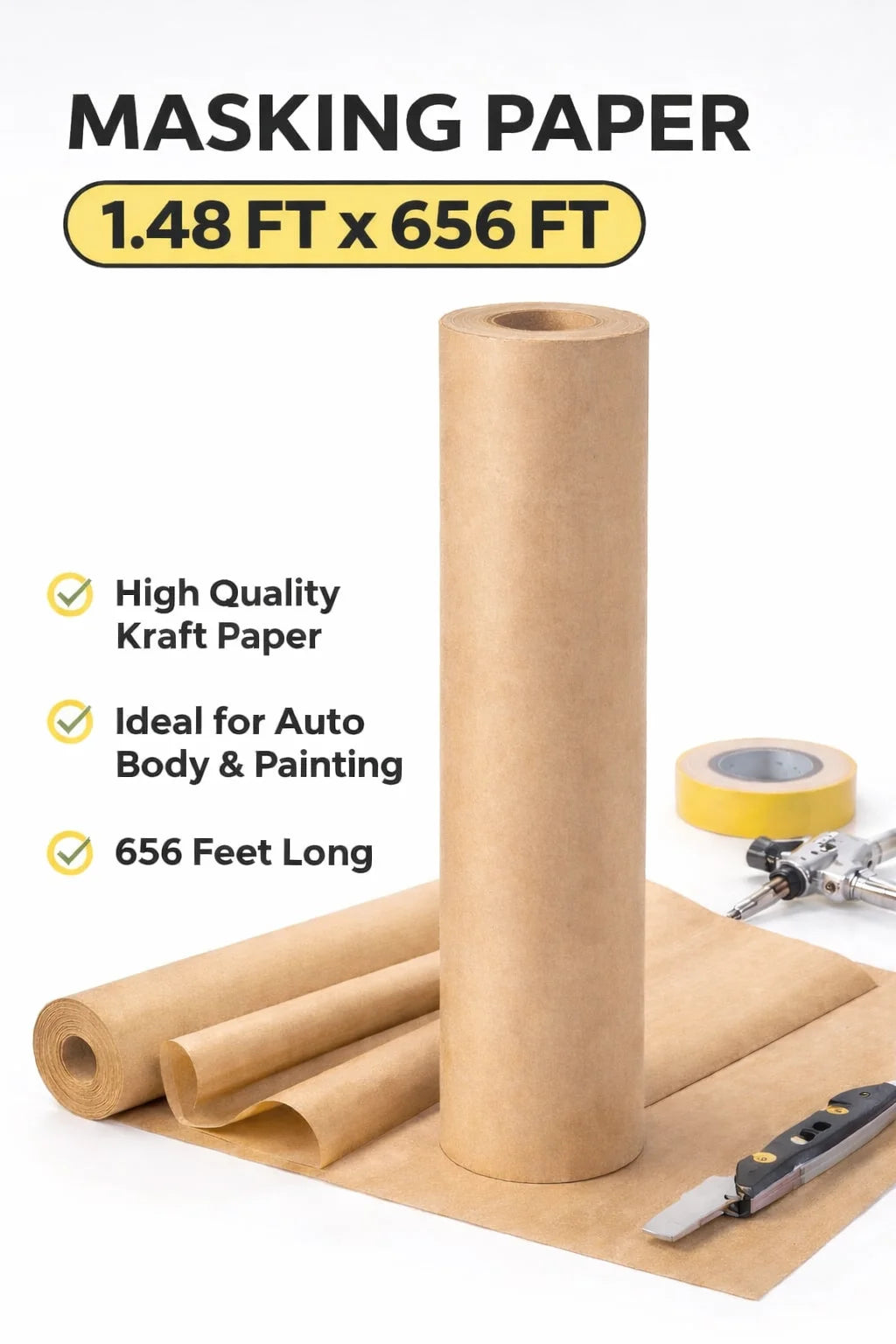 Kraft Masking Paper Roll 0.98ft, 1.48ft & 1.97ft x 656.16ft Auto Paint Body Shop