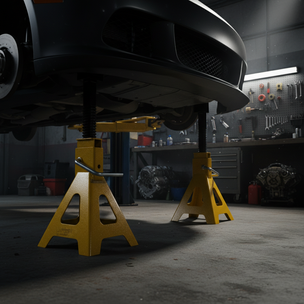 Heavy duty jack stands supporting a lifted car in a shop