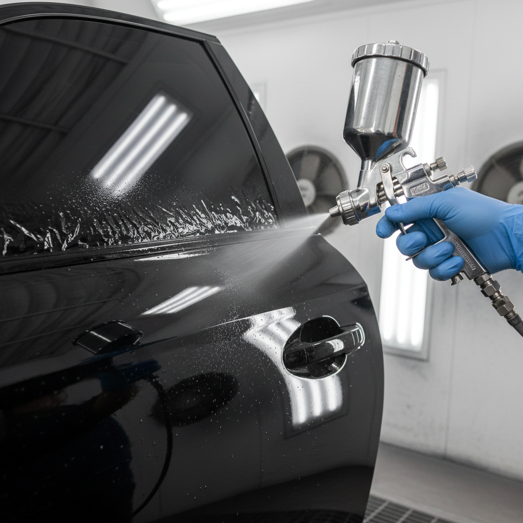 Clearcoat being sprayed on a car panel in a paint booth