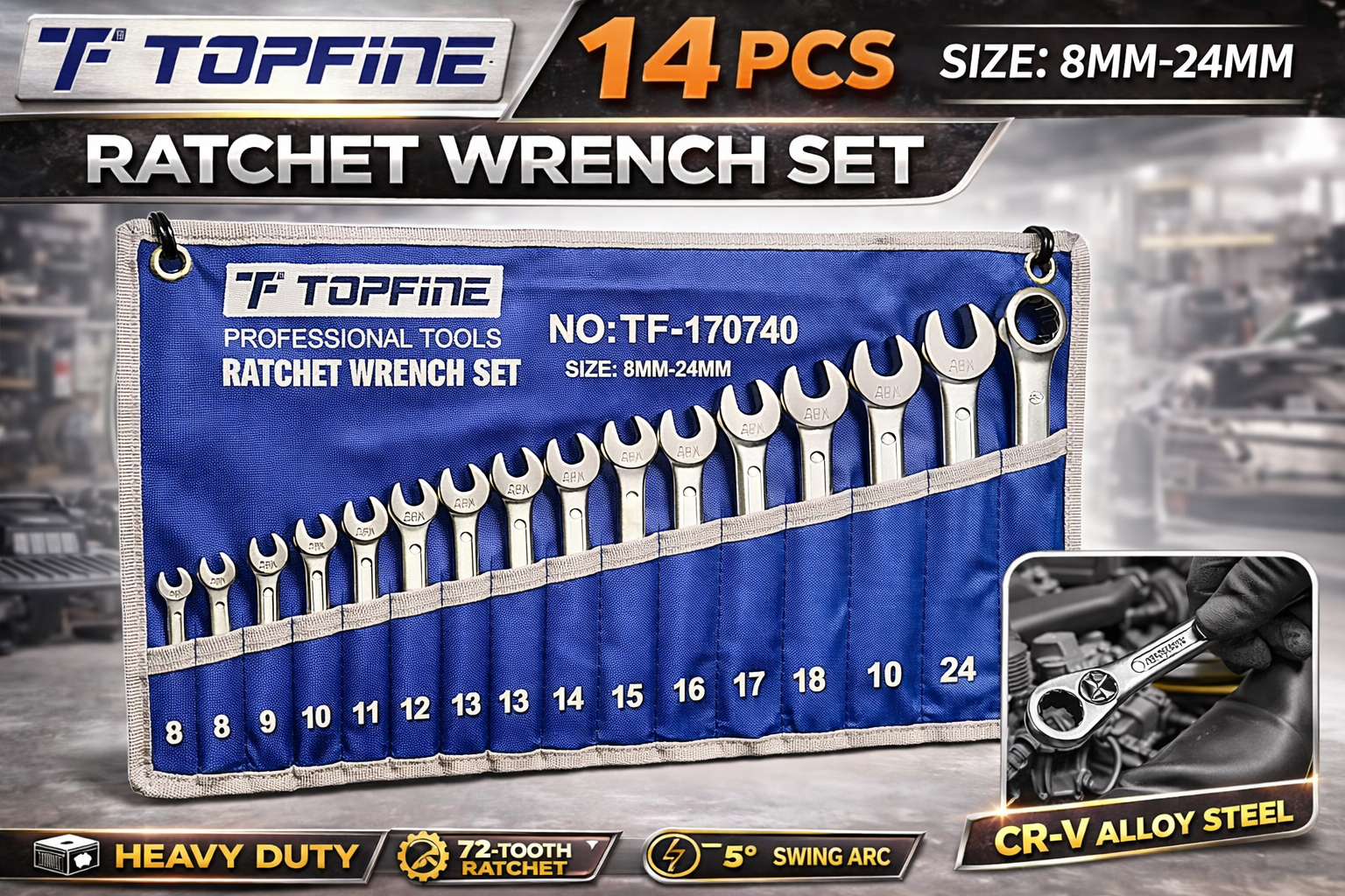 Topfine Ratchet Wrench Set 14PCS 8mm–24mm Metric Professional Tool Kit