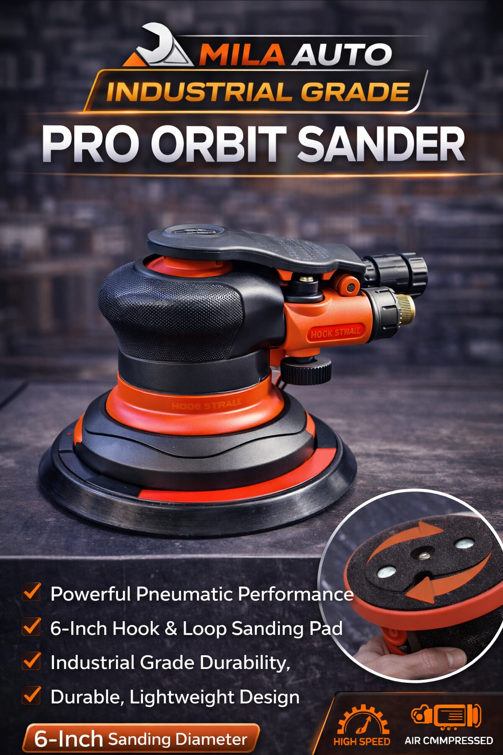 6" Air Pneumatic Pro Orbit Sander Industrial Grade Random Orbital Sander