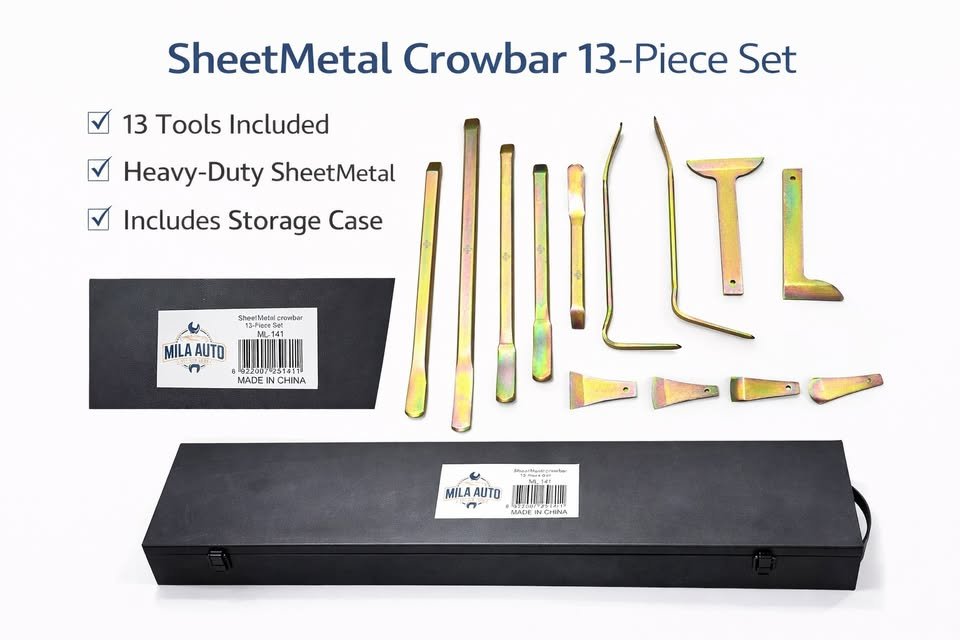 Sheet Metal Crowbar Set 13-Piece – Heavy Duty Pry Bar Kit w/ Storage Case