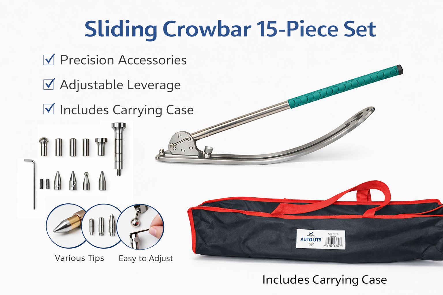 Sliding Crowbar 15-Piece Set – Adjustable Dent Puller Kit w/ Interchangeable Tips & Carry Case